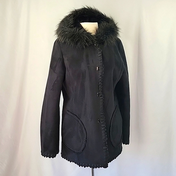 1 Madison Jackets & Blazers - 1 Madison Hooded Faux Suede Coat w / Faux Fur Lining & Trim Size Medium